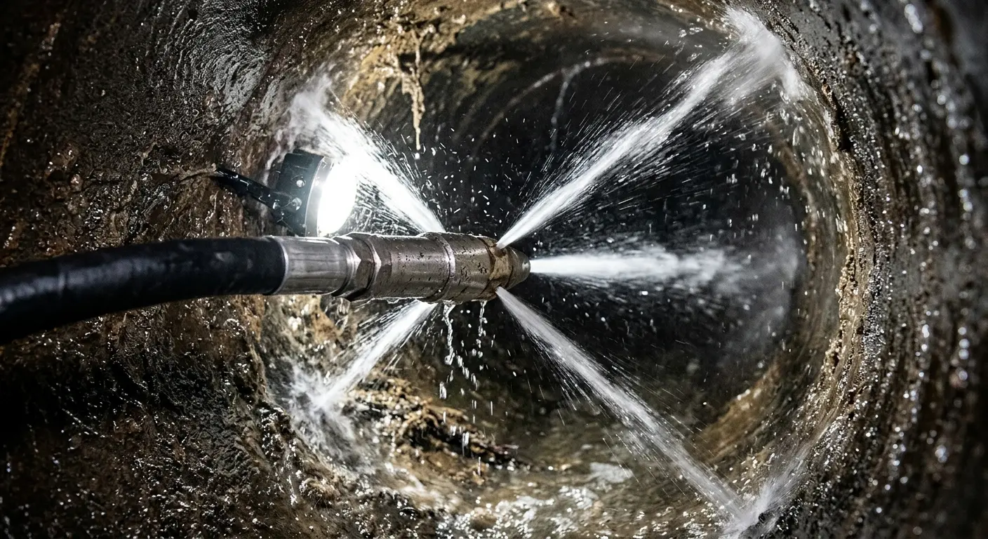 High-pressure hydro jetting nozzle cleaning sewer pipe for Trenchless Sewer Repair in Rupert