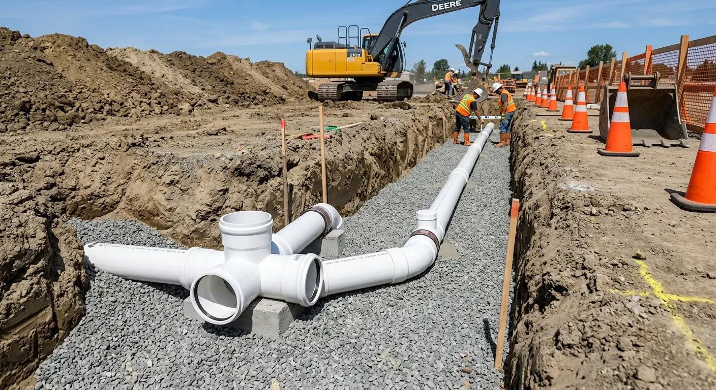 New PVC sewer pipe installation in open trench for Grease Trap Cleaning in Rupert