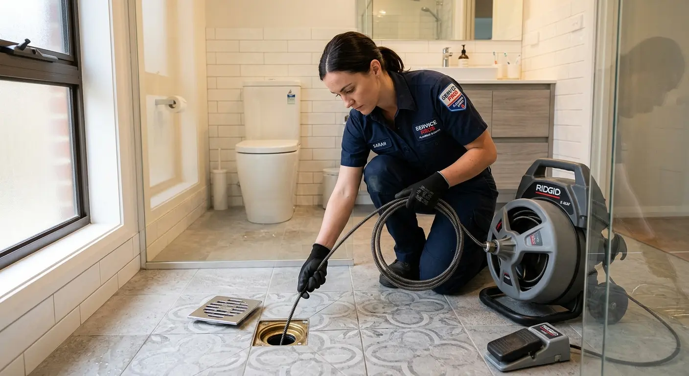 Technician clearing a bathroom floor drain for Drain Cleaning in Rupert